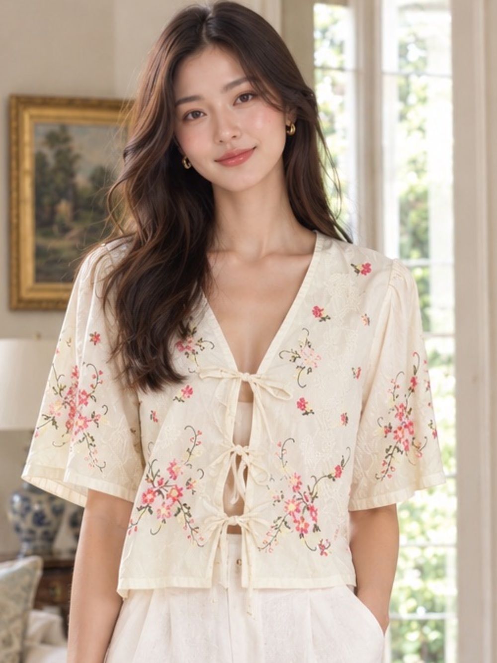 Jennifer & Grace Zelia Tie Front Top  Embroidered Cross Stitch Flowers S (Sezane